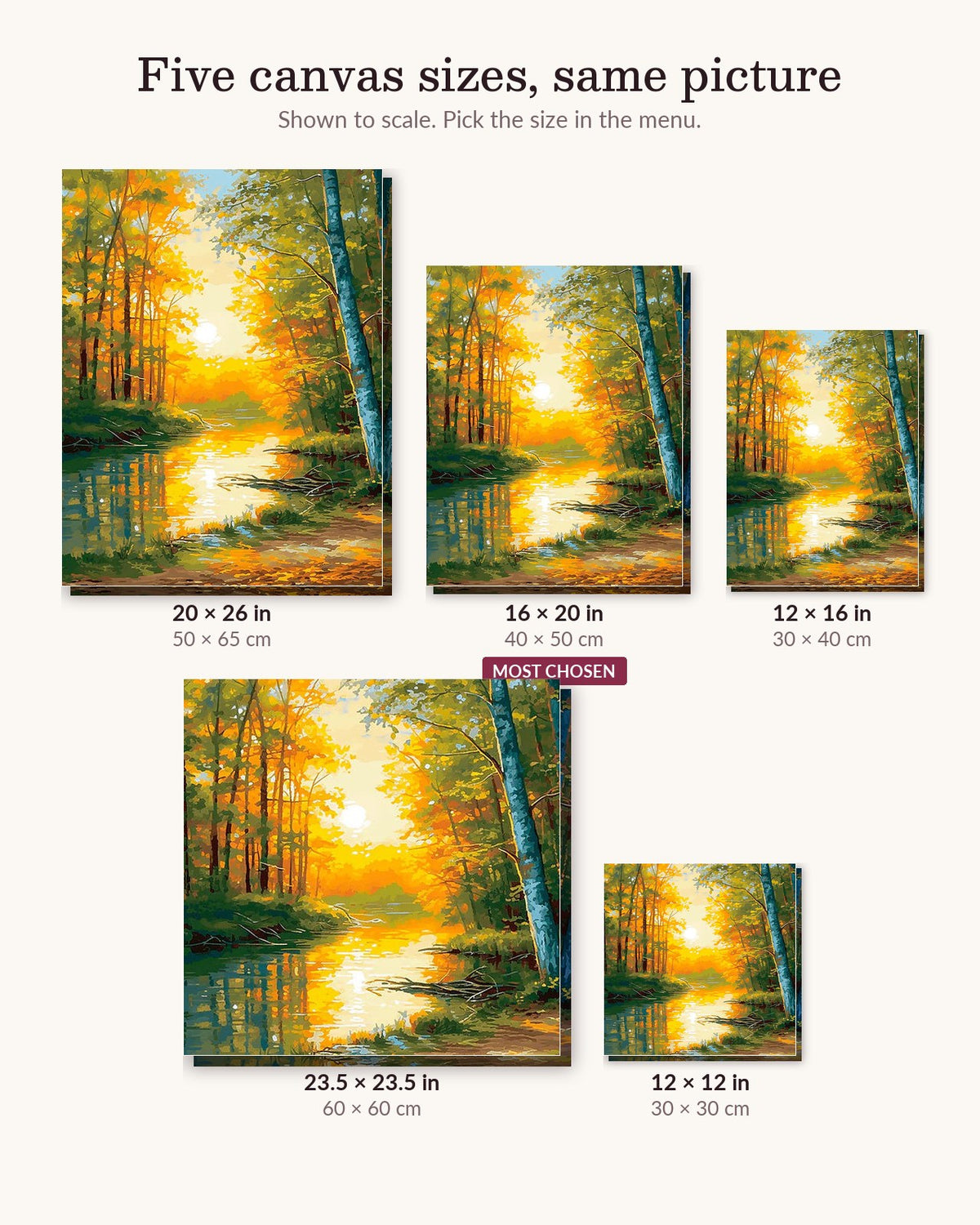 Autumn Glow canvas sizes from 12 x 12 to 23.5 x 23.5 inches