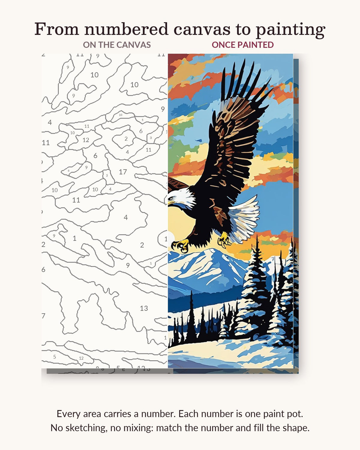 Bald Eagle over the Mountains numbered canvas next to the finished painting
