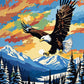 bald eagle with spread wings flying over snowy mountains and pine trees under a colorful sky, paint by numbers kit
