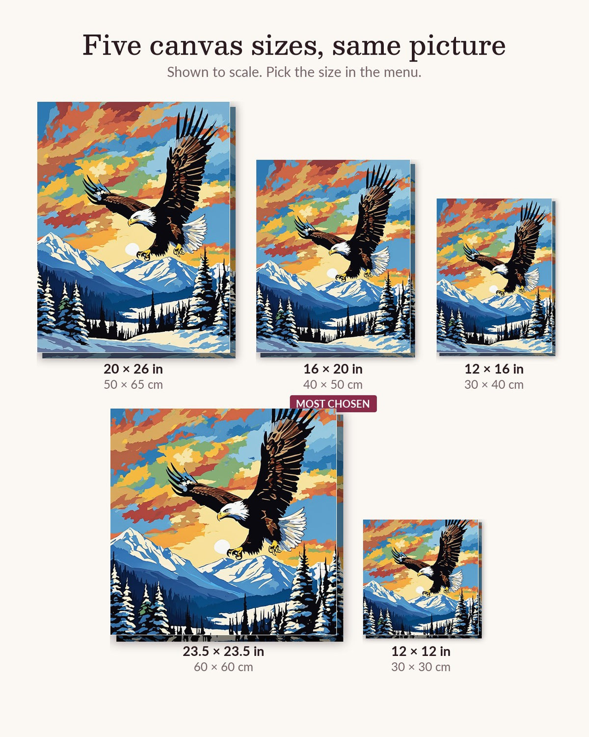 Bald Eagle over the Mountains canvas sizes from 12 x 12 to 23.5 x 23.5 inches