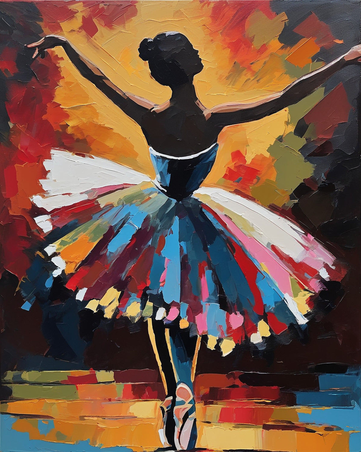 ballerina seen from behind in a colorful tutu with arms raised on a stage, paint by numbers kit