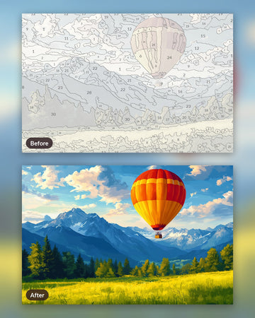 Ballooning Over the Peaks paint by numbers kit, before and after