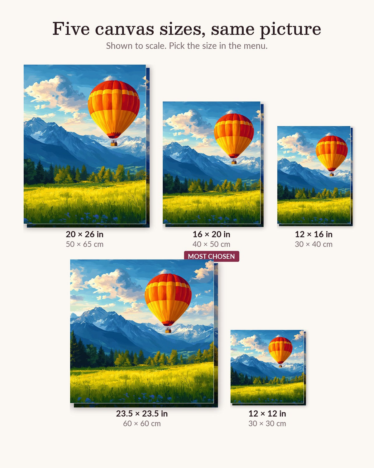 Ballooning Over the Peaks canvas sizes from 12 x 12 to 23.5 x 23.5 inches