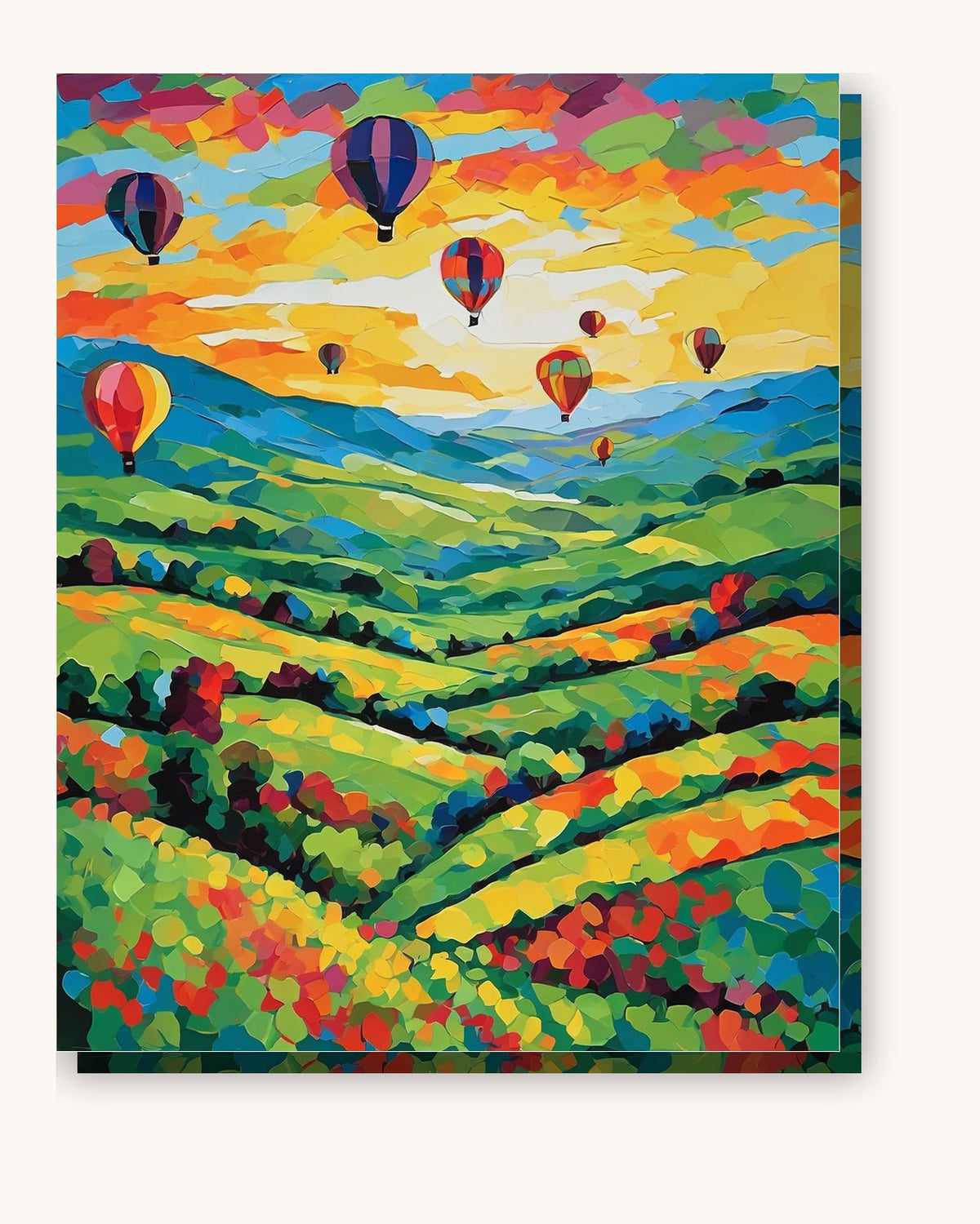Balloons Floating over Green Hills paint by numbers kit on stretched canvas