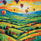 colorful hot air balloons floating above rolling green hills under a yellow and orange sky, paint by numbers kit