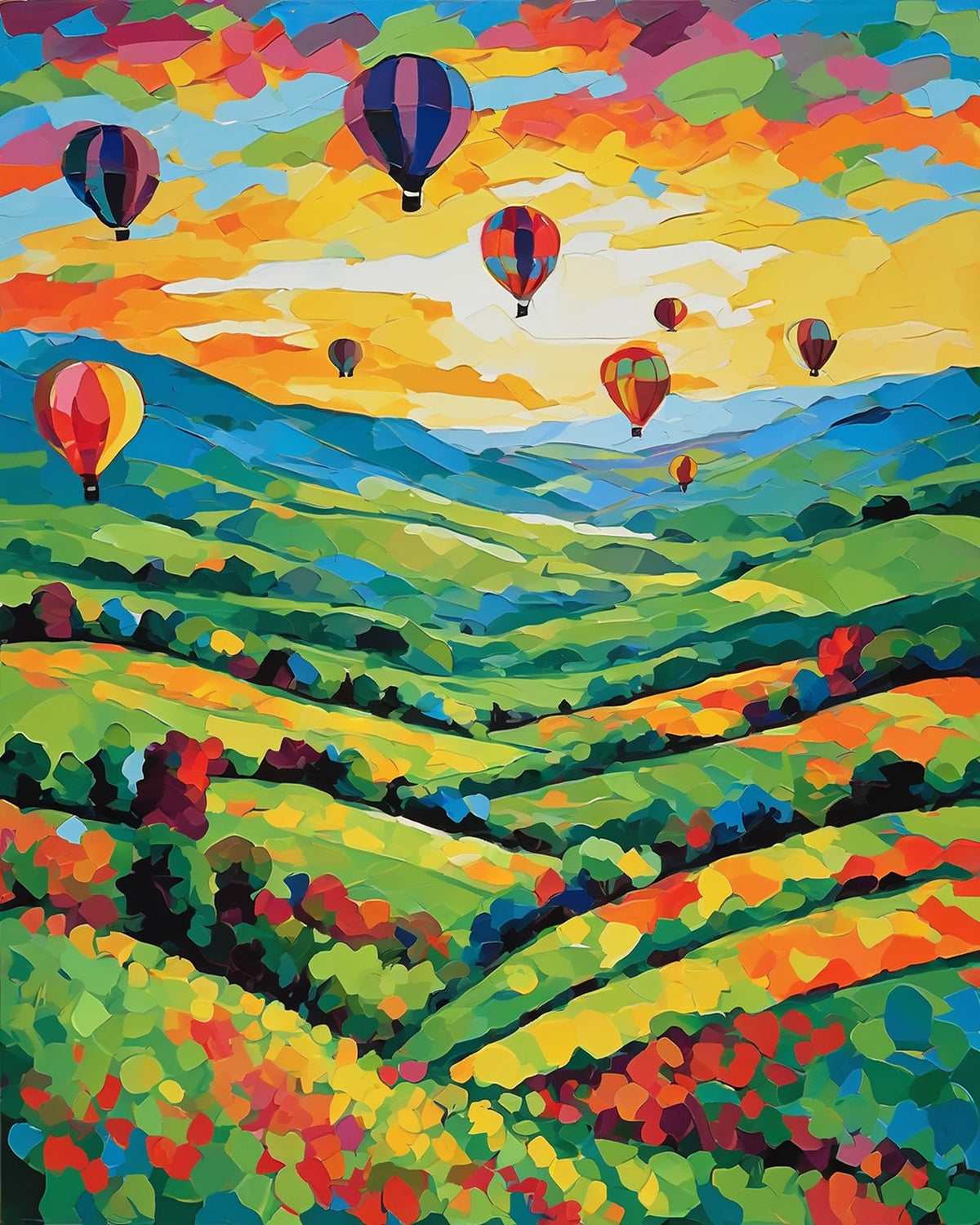 colorful hot air balloons floating above rolling green hills under a yellow and orange sky, paint by numbers kit
