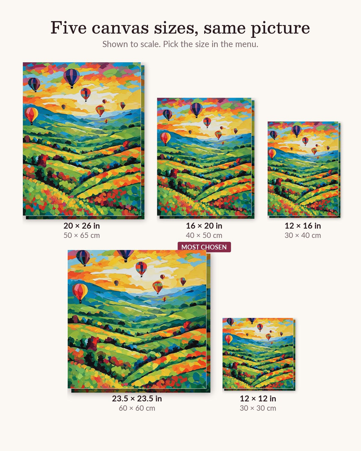 Balloons Floating over Green Hills canvas sizes from 12 x 12 to 23.5 x 23.5 inches