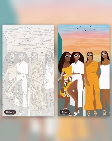 Band of Girls paint by numbers kit, before and after