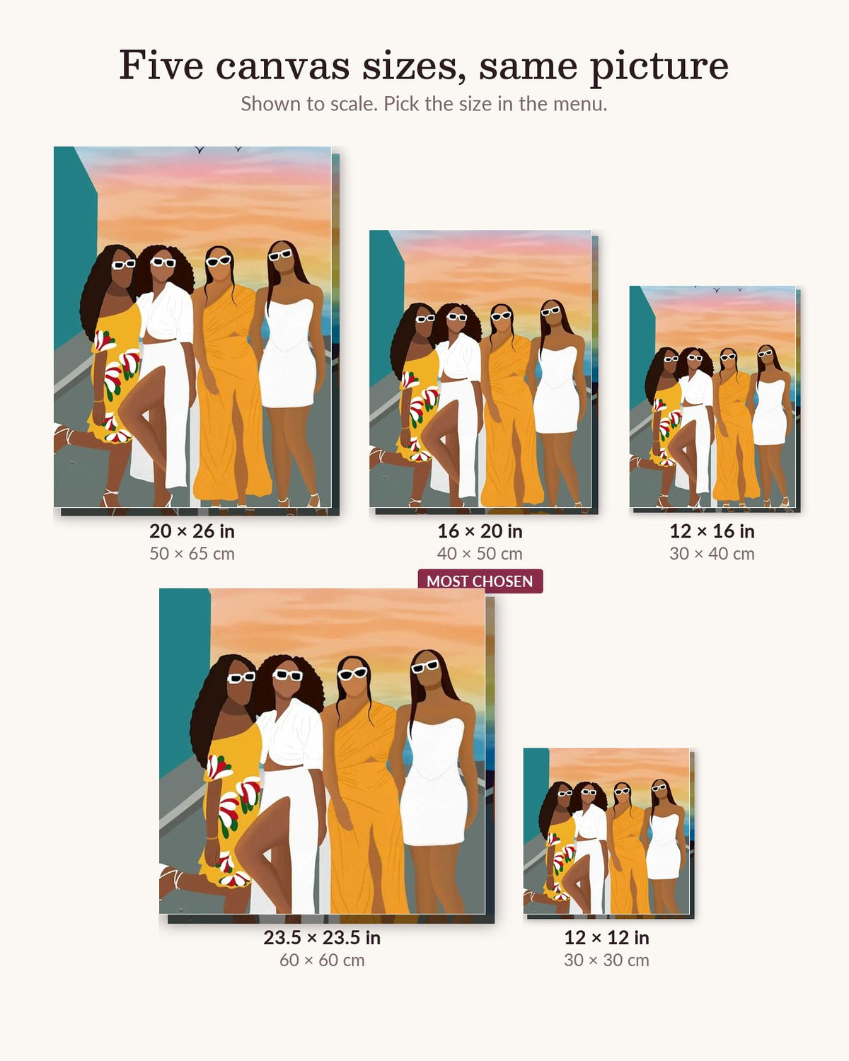 Band of Girls canvas sizes from 12 x 12 to 23.5 x 23.5 inches