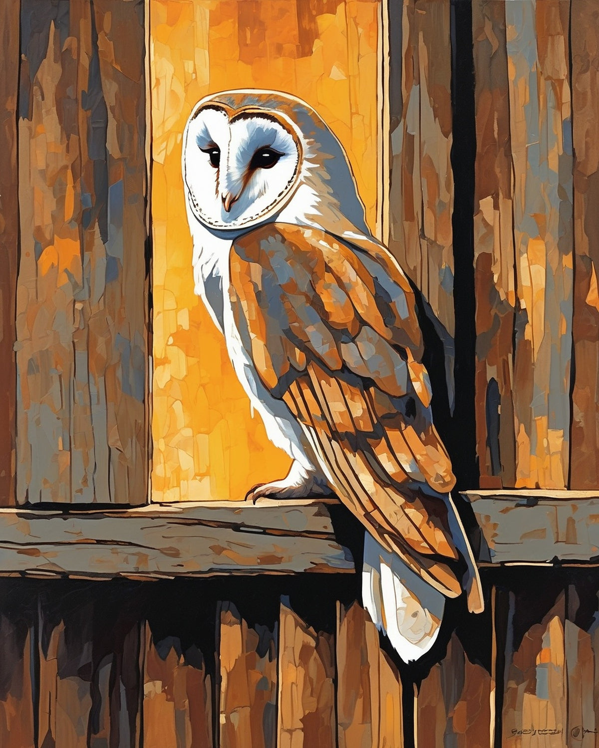 Barn Owl at Dusk in the Hayloft paint by numbers kit, owl perched on a beam in a barn loft