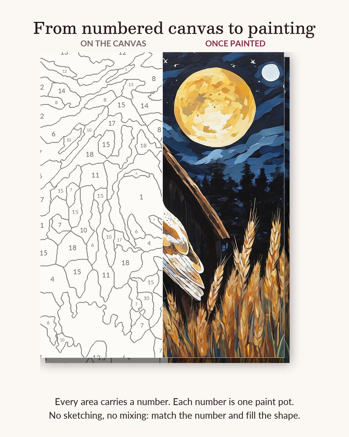 Barn Owl Under the Moon numbered canvas next to the finished painting