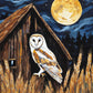 white barn owl perched near an old wooden barn with a full moon, night sky and wheat, paint by numbers kit