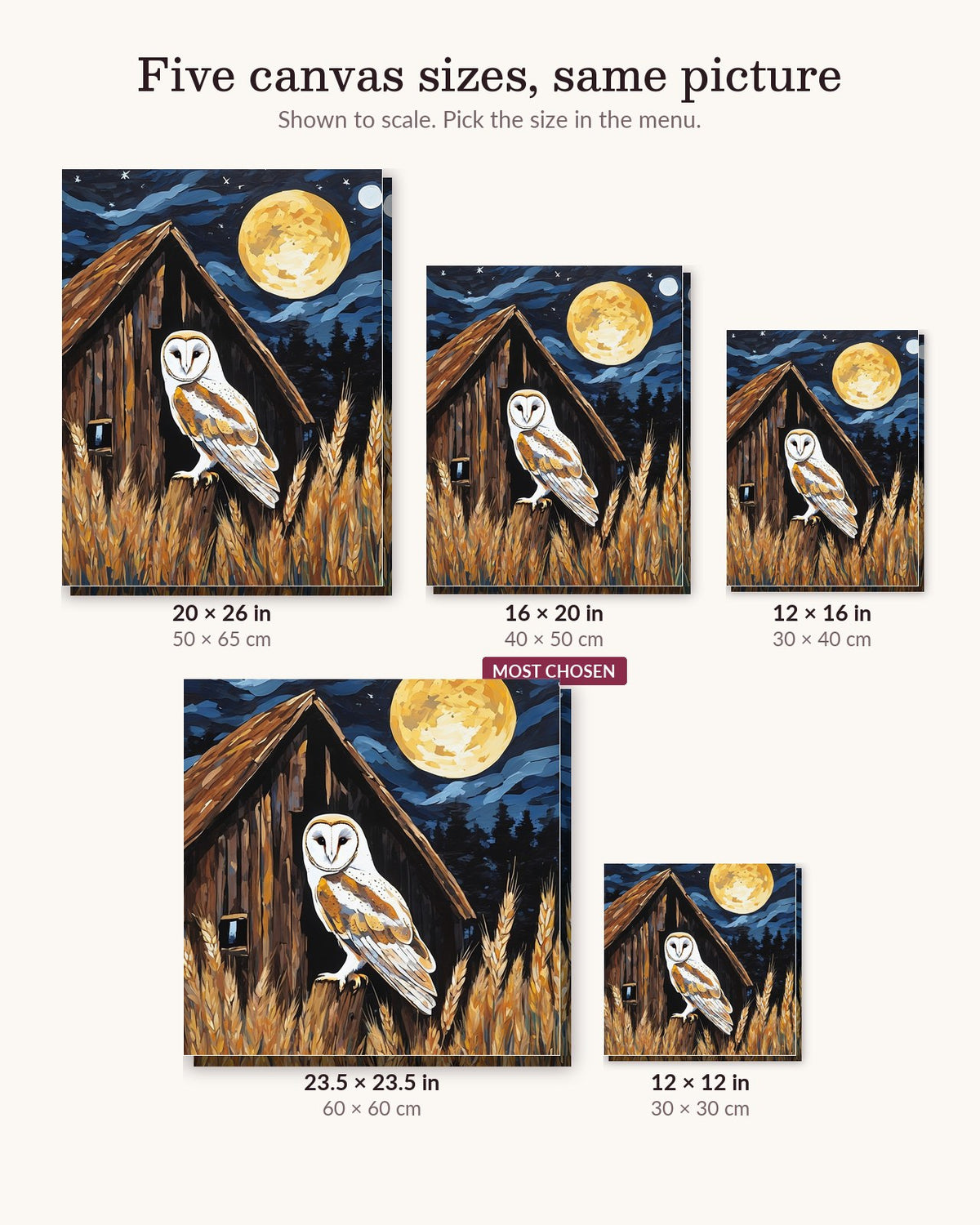 Barn Owl Under the Moon canvas sizes from 12 x 12 to 23.5 x 23.5 inches