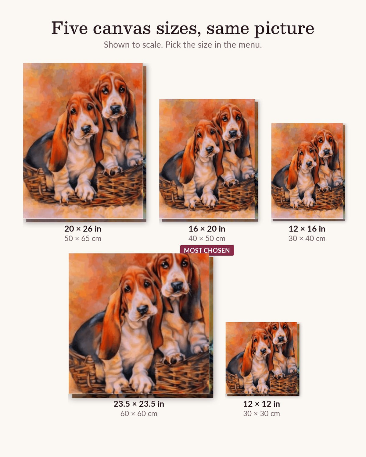 Basset Hound Dogs canvas sizes from 12 x 12 to 23.5 x 23.5 inches