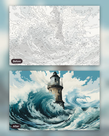 Beacon in the Storm paint by numbers kit, before and after