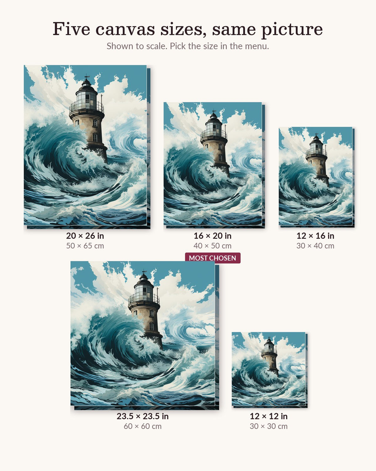 Beacon in the Storm canvas sizes from 12 x 12 to 23.5 x 23.5 inches