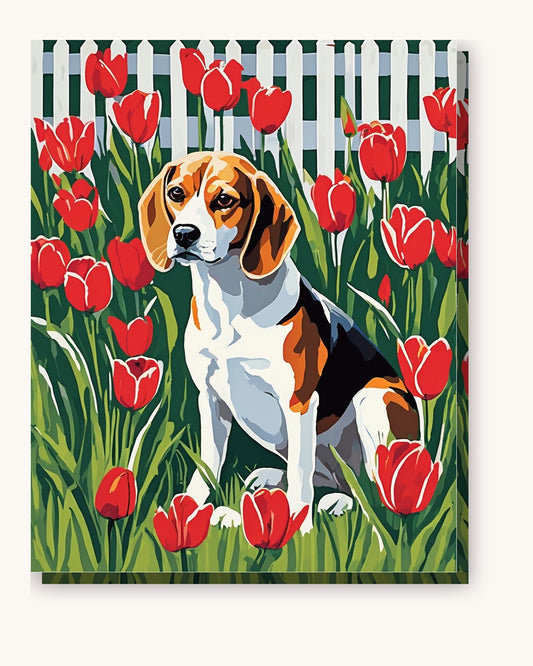 Beagle in the Garden paint by numbers kit on stretched canvas