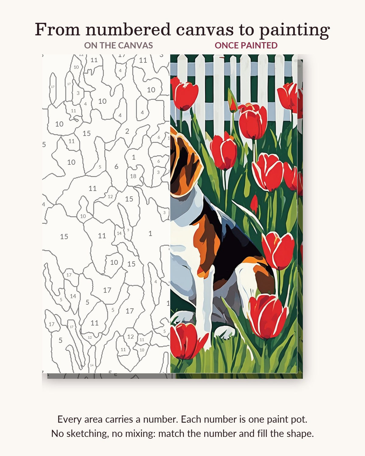 Beagle in the Garden numbered canvas next to the finished painting