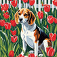 beagle sitting in tall grass among red tulips in front of a white picket fence, paint by numbers kit