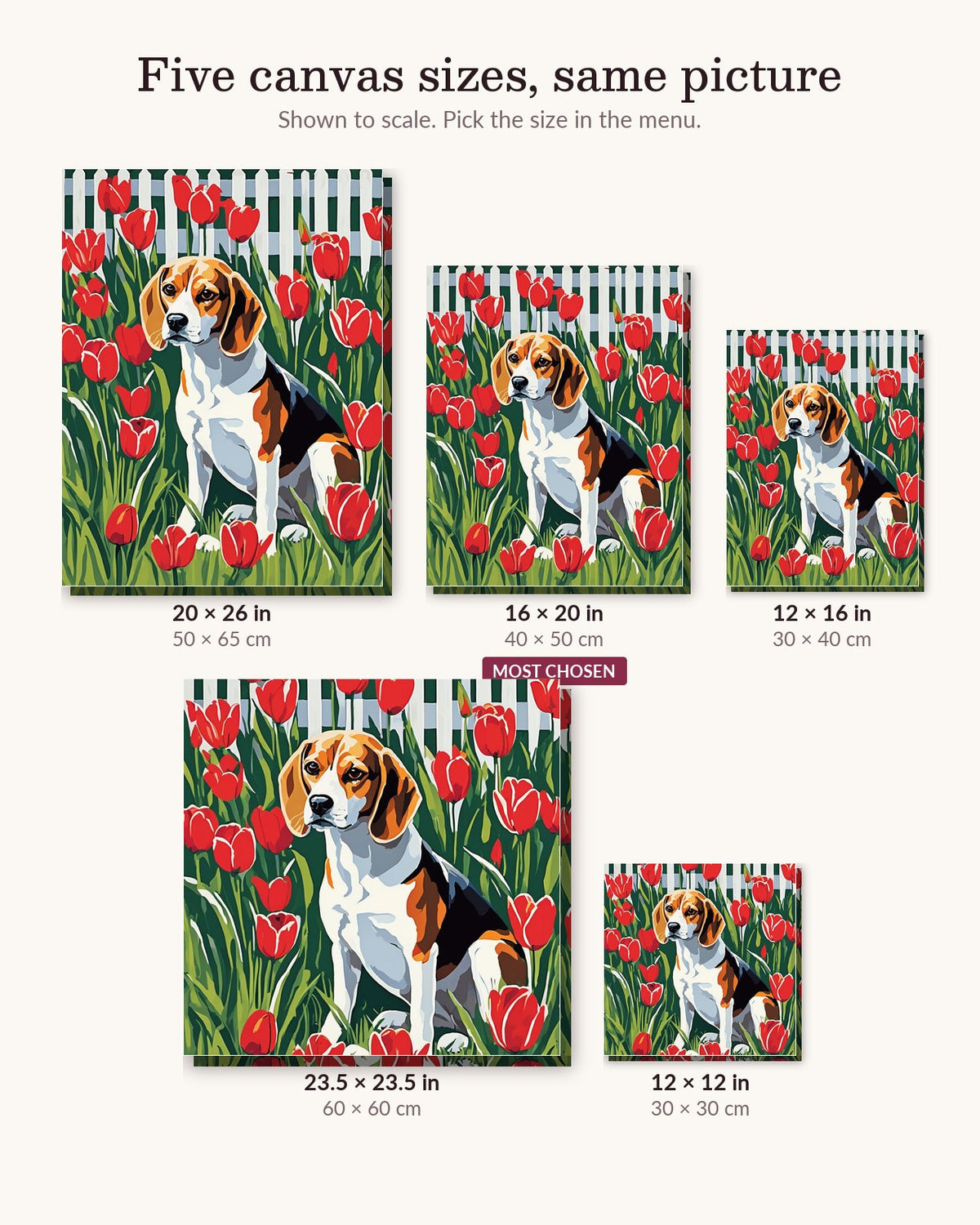 Beagle in the Garden canvas sizes from 12 x 12 to 23.5 x 23.5 inches