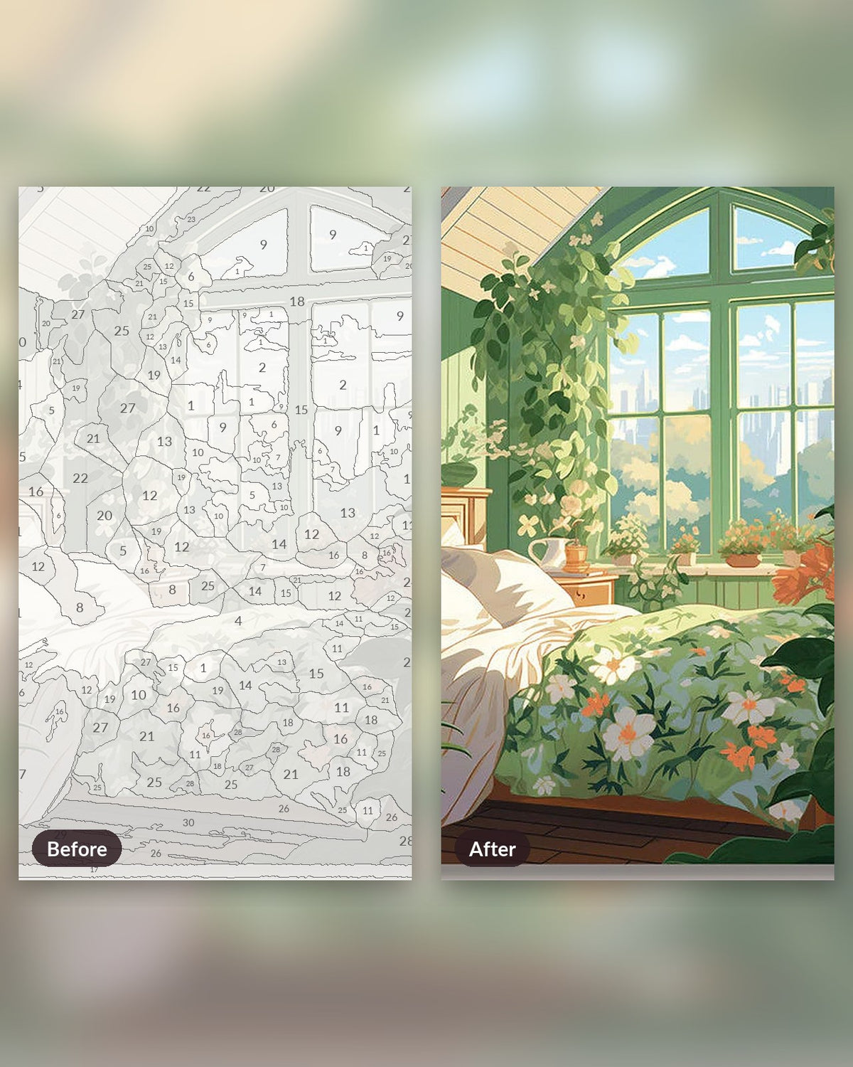 Bedroom Greenery paint by numbers kit, before and after
