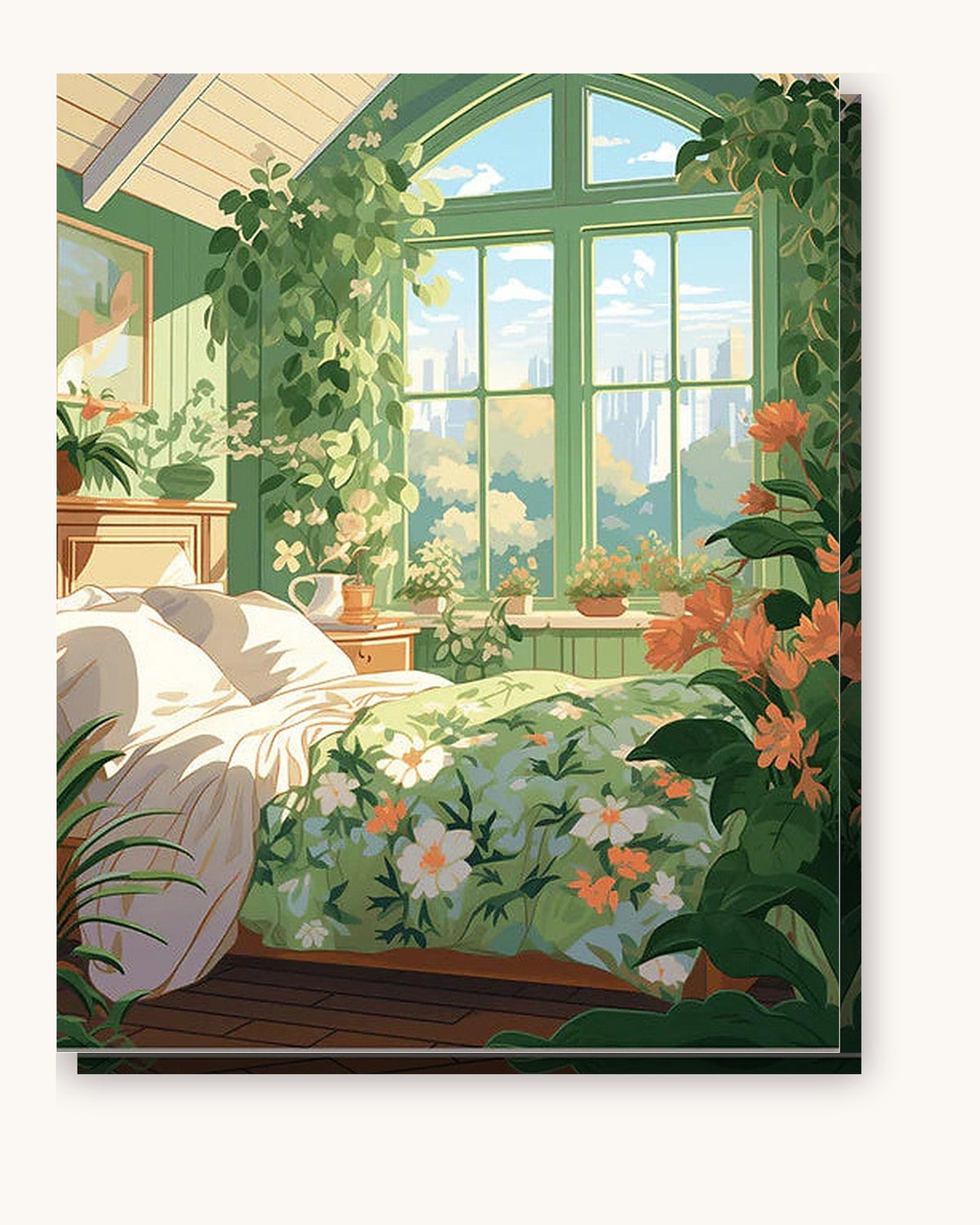 Bedroom Greenery paint by numbers kit on stretched canvas