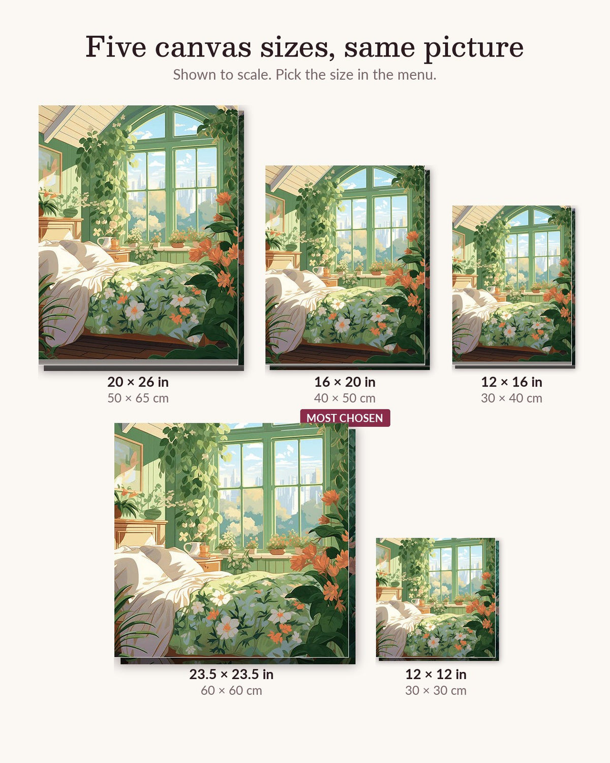 Bedroom Greenery canvas sizes from 12 x 12 to 23.5 x 23.5 inches