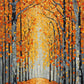 Beech Forest after Klimt paint by numbers kit, slim beech trunks over a carpet of orange and gold leaves in Klimt's style