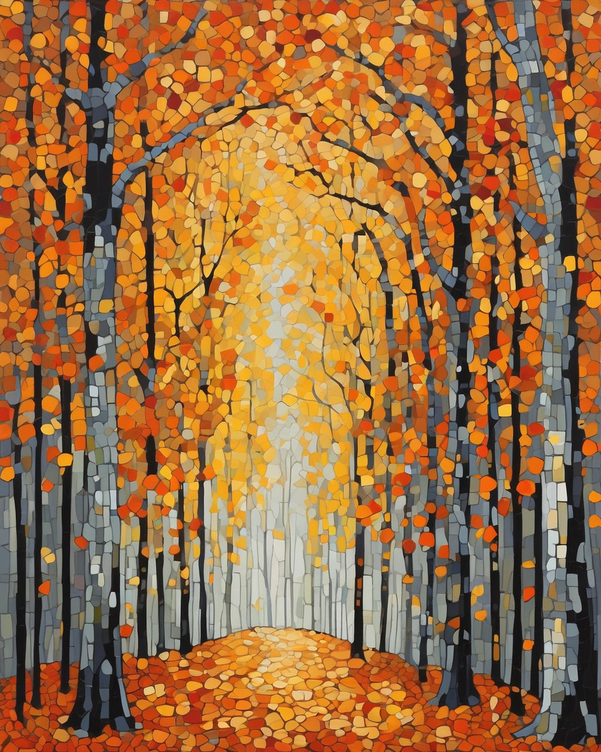 Beech Forest after Klimt paint by numbers kit, slim beech trunks over a carpet of orange and gold leaves in Klimt's style