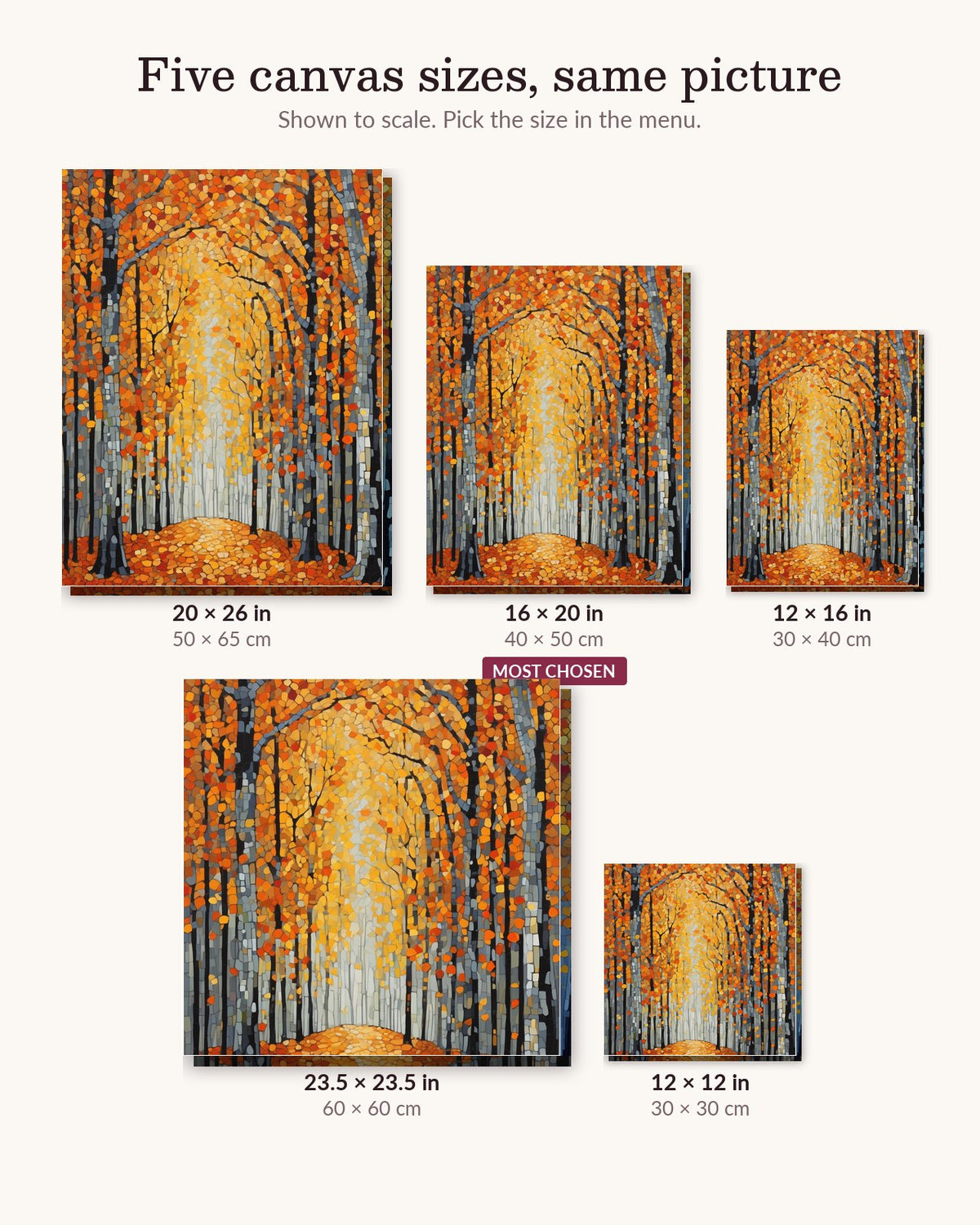Beech Forest after Klimt canvas sizes from 12 x 12 to 23.5 x 23.5 inches
