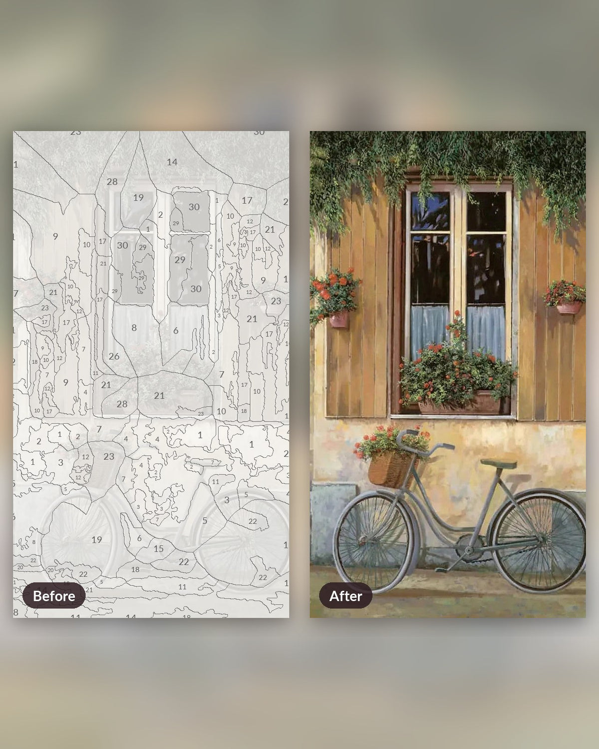Bicycle with Flowers paint by numbers kit, before and after