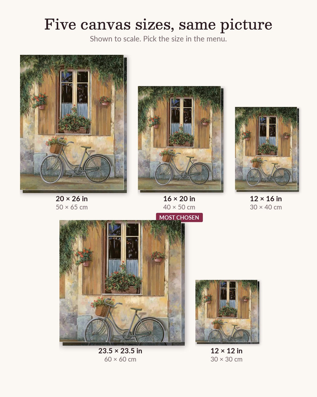 Bicycle with Flowers canvas sizes from 12 x 12 to 23.5 x 23.5 inches