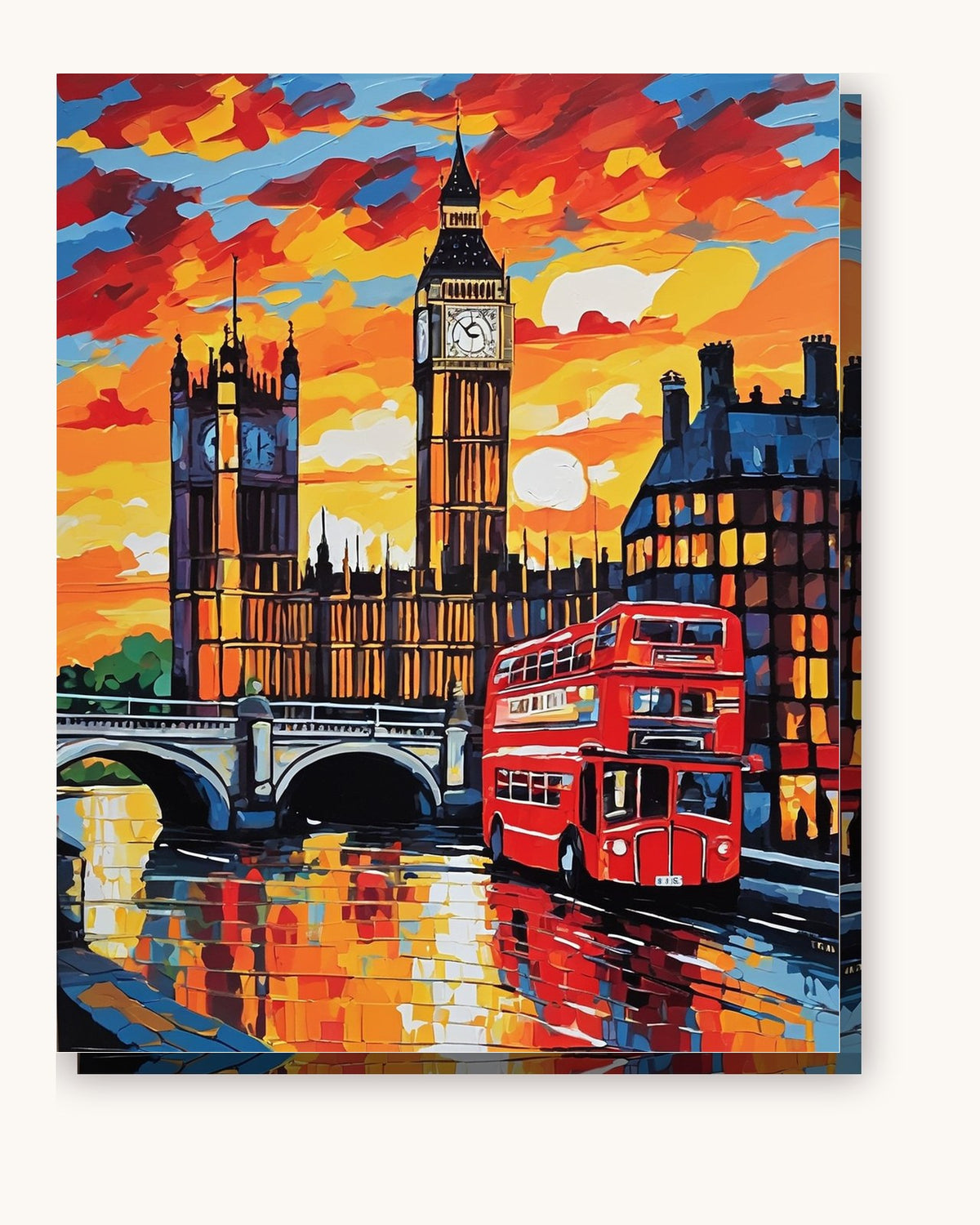 Big Ben and Red London Bus paint by numbers kit on stretched canvas