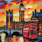 big ben, parliament and a red double decker bus by the river at sunset, paint by numbers kit