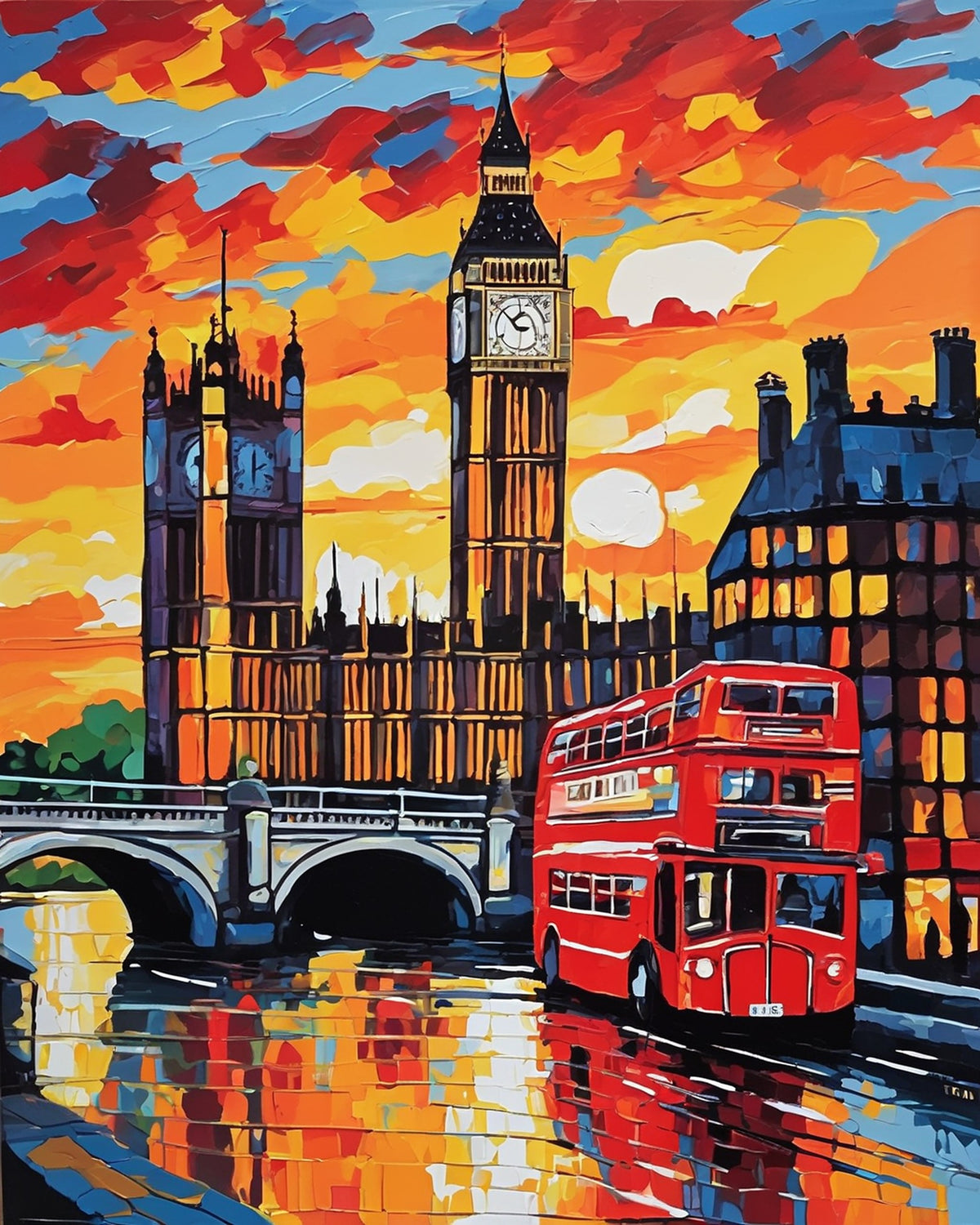 big ben, parliament and a red double decker bus by the river at sunset, paint by numbers kit