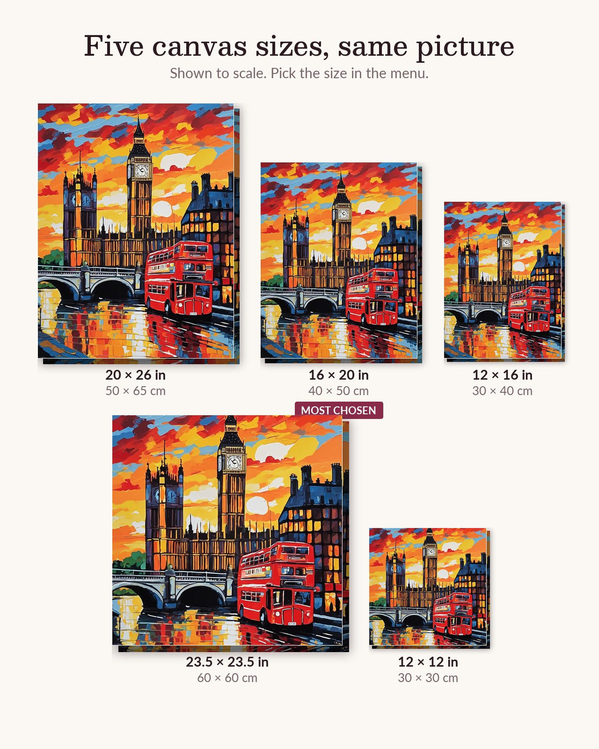 Big Ben and Red London Bus canvas sizes from 12 x 12 to 23.5 x 23.5 inches