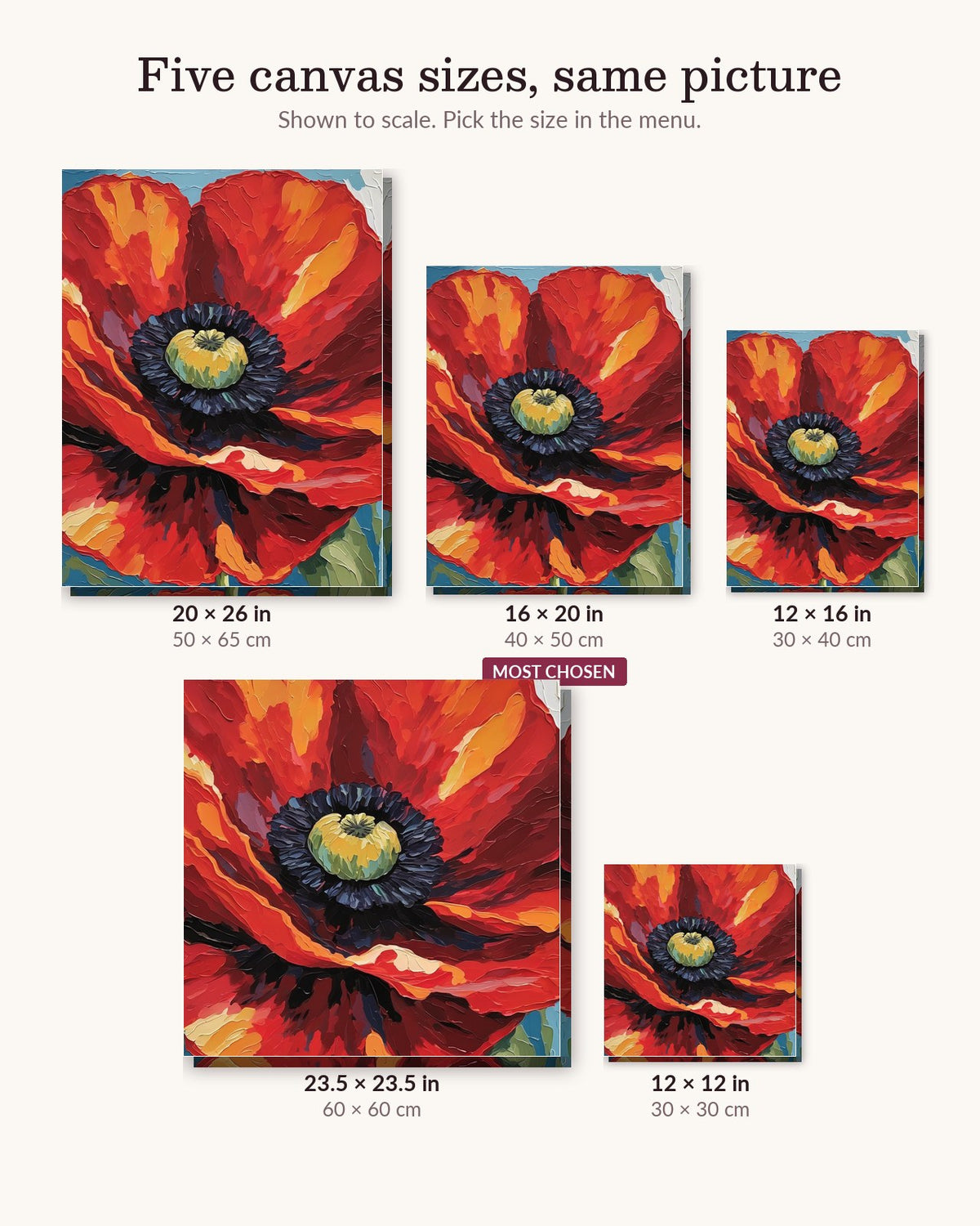 Big Red Poppy canvas sizes from 12 x 12 to 23.5 x 23.5 inches
