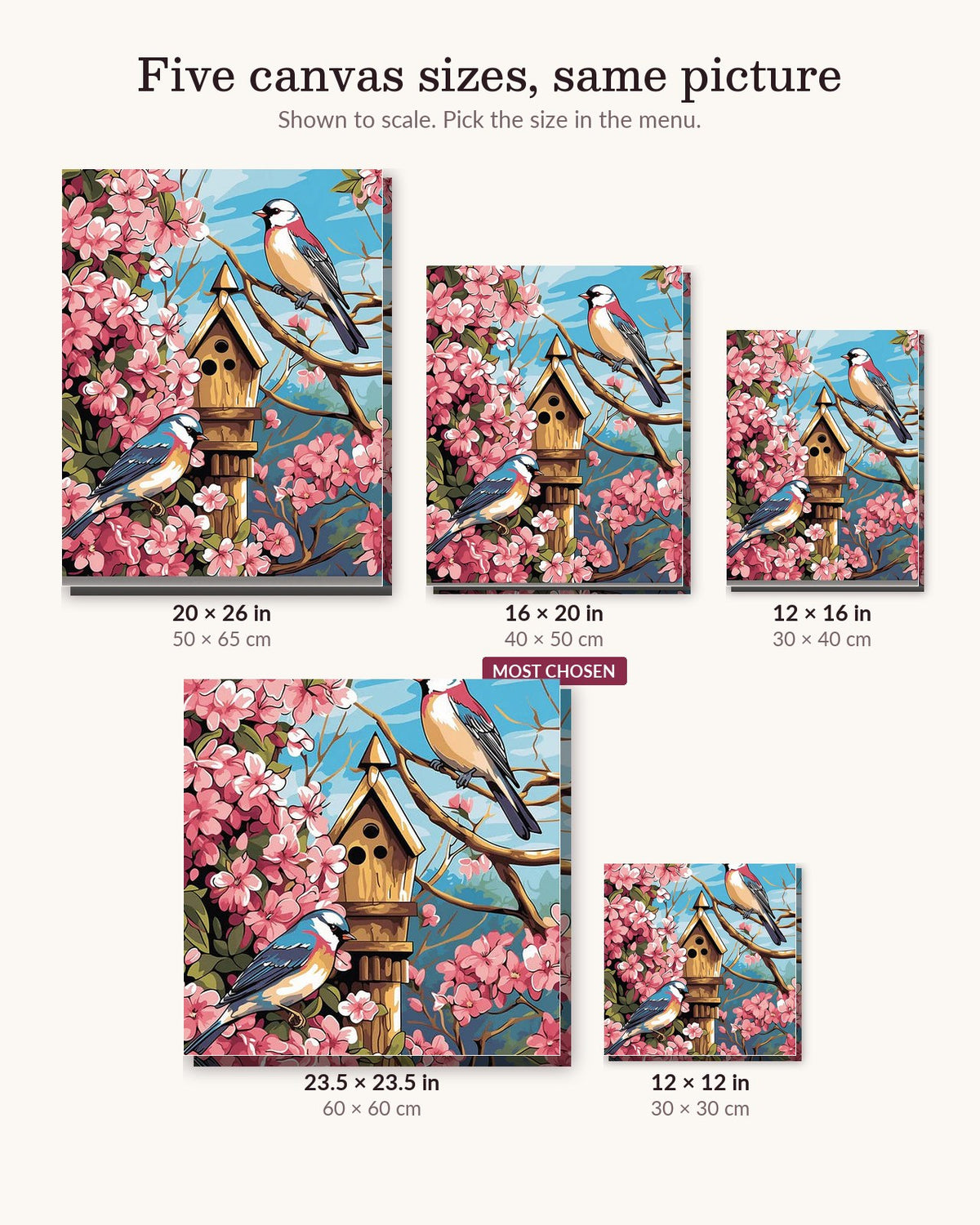 The Birdhouse canvas sizes from 12 x 12 to 23.5 x 23.5 inches