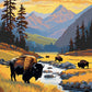 american bison standing in golden grass beside a river with mountains and pine trees, paint by numbers kit