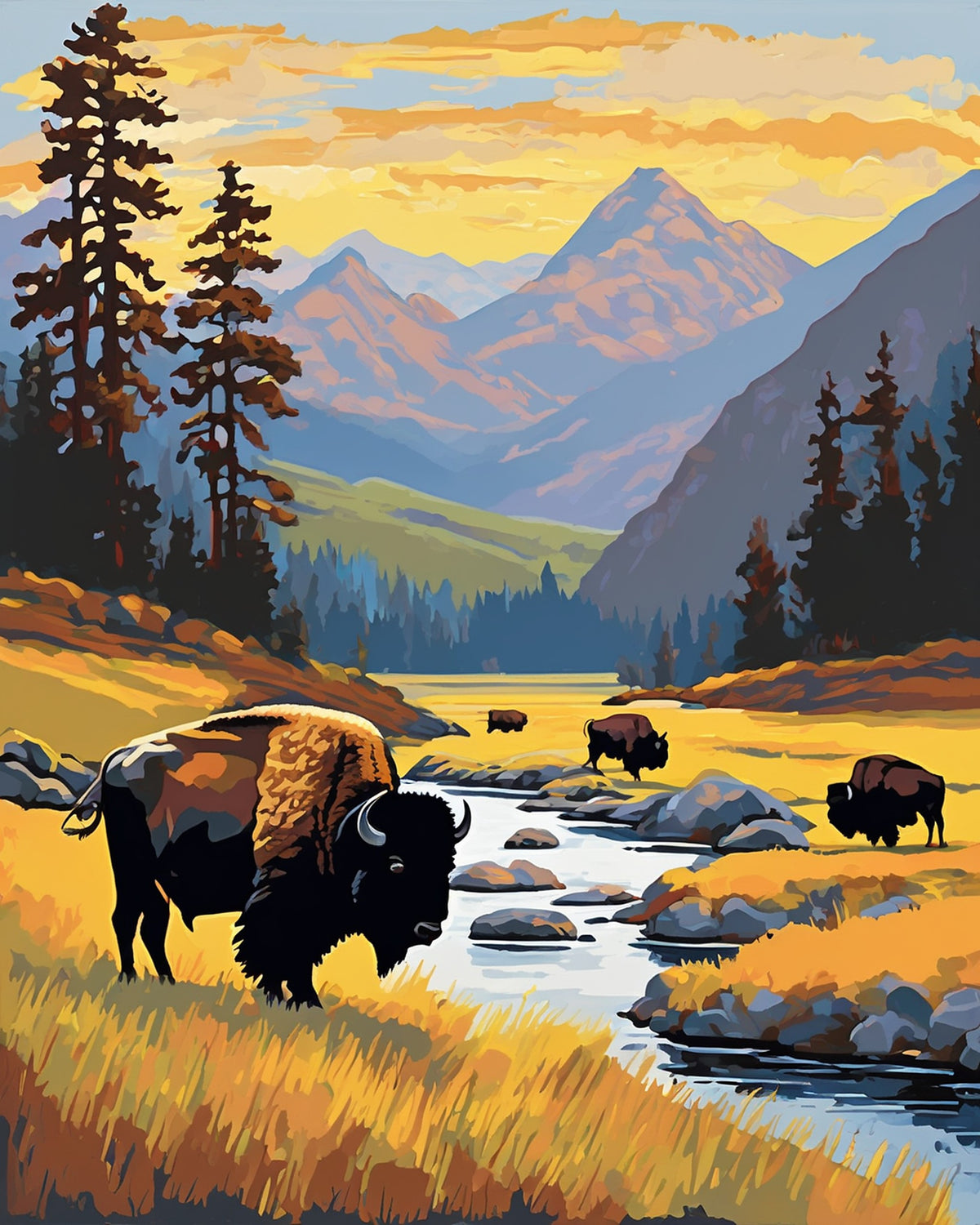 american bison standing in golden grass beside a river with mountains and pine trees, paint by numbers kit