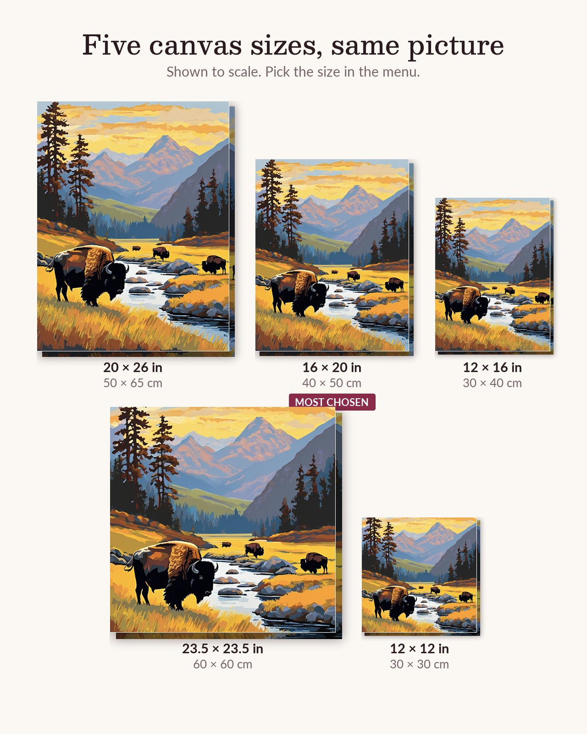 Bison in the Valley canvas sizes from 12 x 12 to 23.5 x 23.5 inches