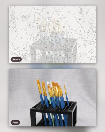 Black Brush Rack: Grid Stand for a Full Brush Collection paint by numbers kit, before and after