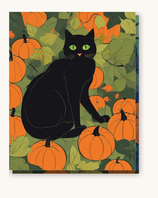 Black Cat Among Pumpkins paint by numbers kit on stretched canvas