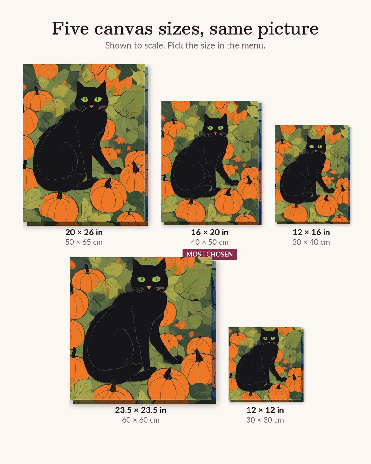 Black Cat Among Pumpkins canvas sizes from 12 x 12 to 23.5 x 23.5 inches