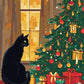 black cat with green eyes beside a decorated christmas tree and wrapped gifts, paint by numbers kit