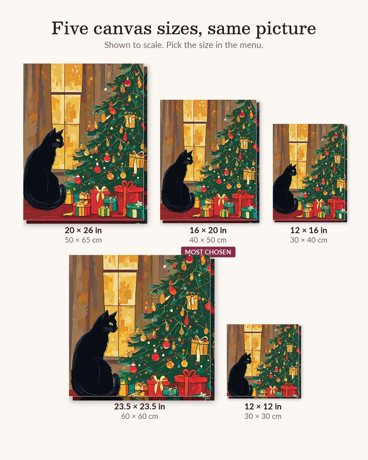 Black Cat by the Christmas Tree canvas sizes from 12 x 12 to 23.5 x 23.5 inches