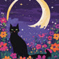 black cat sitting among orange and pink flowers under a golden crescent moon and purple starry sky, paint by numbers kit