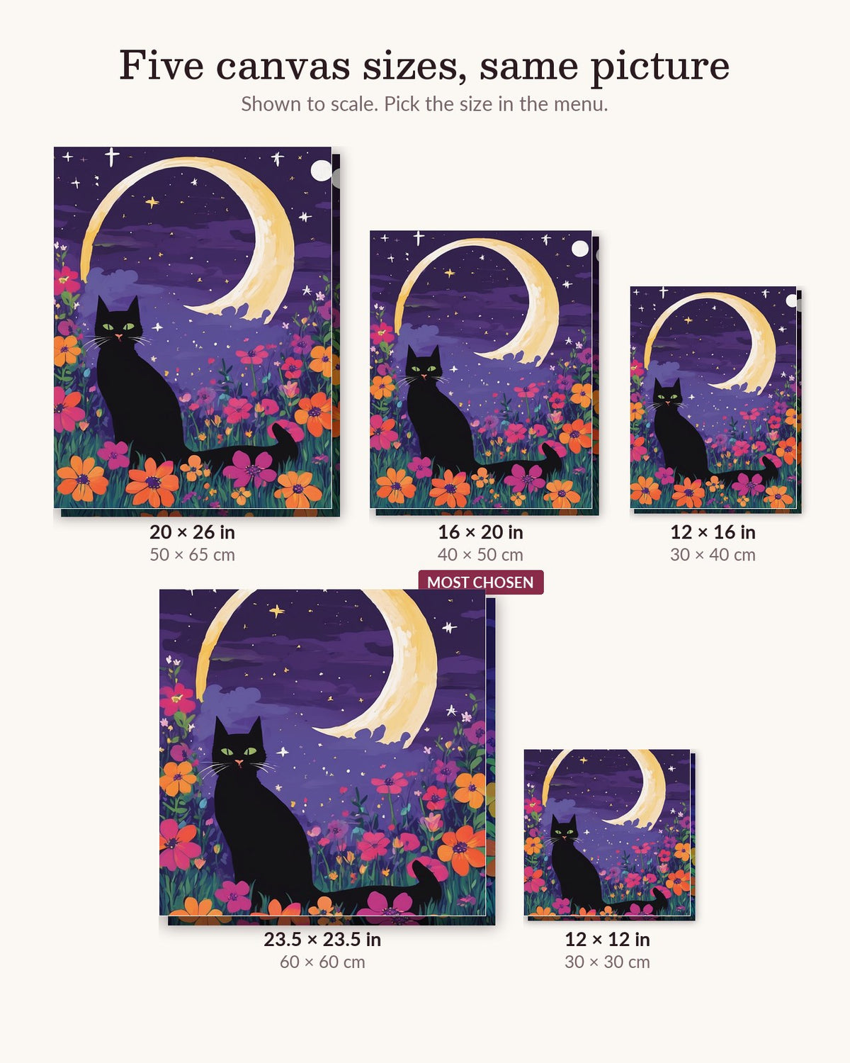 Black Cat under the Crescent Moon canvas sizes from 12 x 12 to 23.5 x 23.5 inches