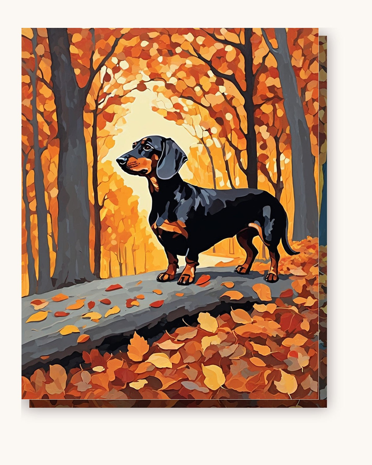 Black Dachshund on an Autumn Log paint by numbers kit on stretched canvas