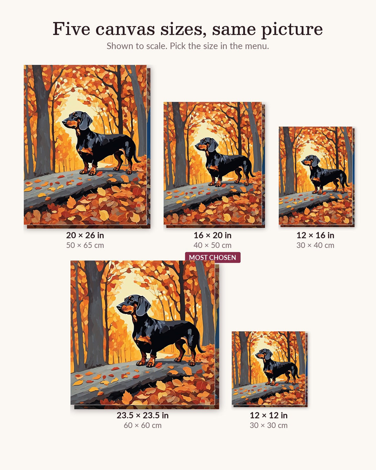 Black Dachshund on an Autumn Log canvas sizes from 12 x 12 to 23.5 x 23.5 inches